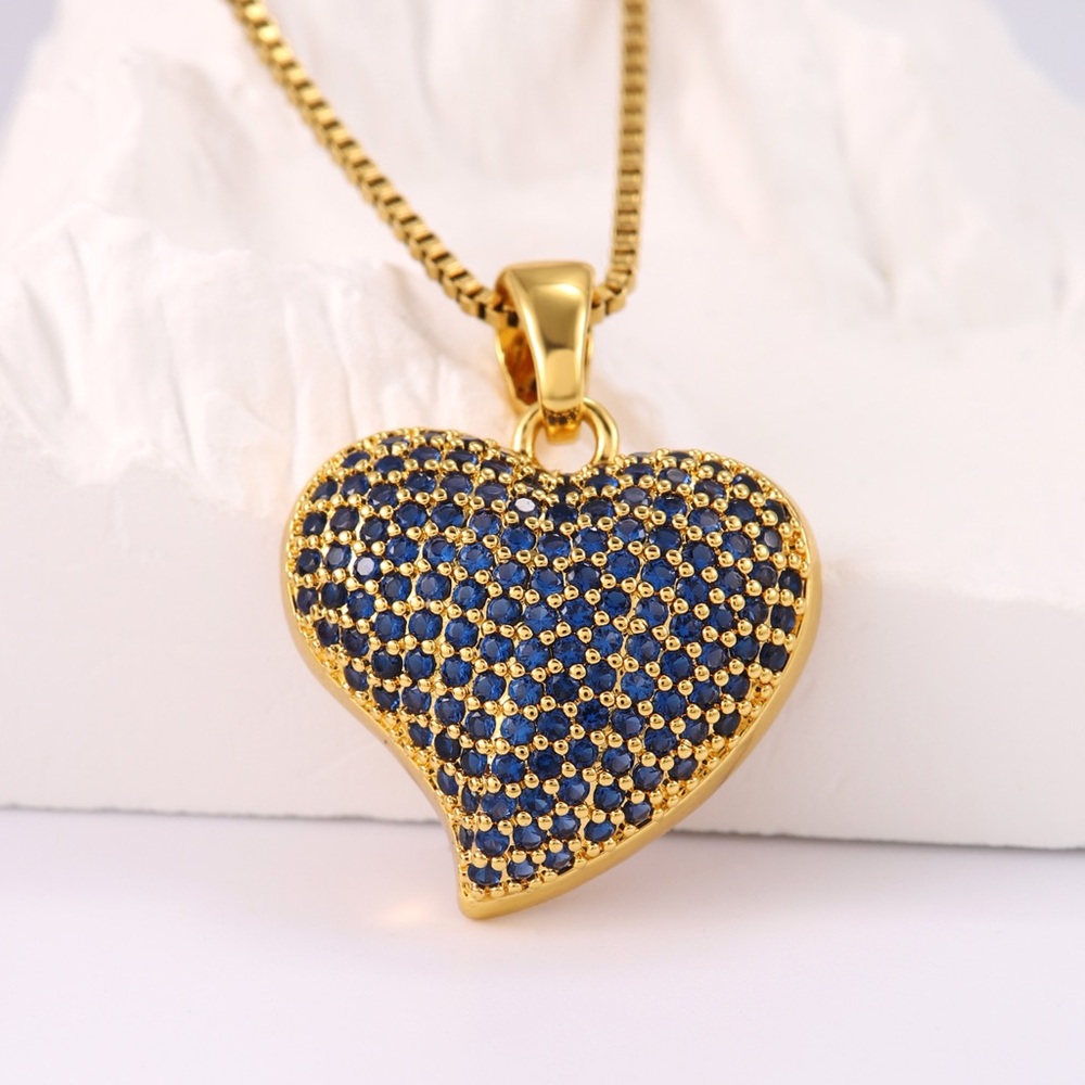 Gold Heart Pendant Necklace with Blue Stones - Women Jewelry